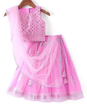 Babyhug Woven Sleeveless Net Embroidered Choli With Embroidered Printed Lehenga & Dupatta - Pink