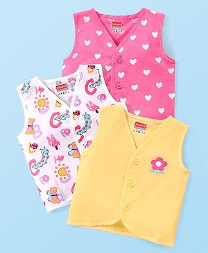 Babyhug 100% Cotton Woven Sleeveless Front Open Vest Heart & Butterfly Print Pack Of 3 - Pink White & Yellow