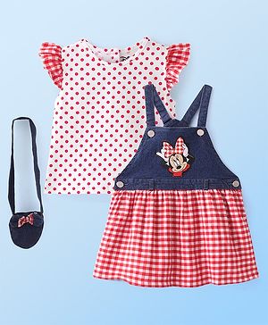 Babyhug Disney Single Jersey Knit Minnie Mouse Graphics Frock with Frill Sleeves Inner Tee & Sling Bag - Multicolour