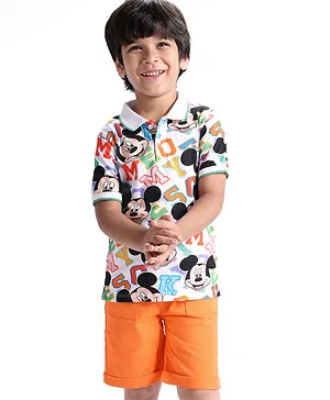 Babyhug Cotton Knit Half Sleeves Polo T-Shirt & Shorts Set with Mickey Mouse  Print - White  & Orange