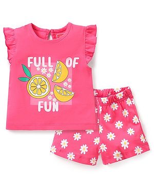 Babyhug Cotton Knit Frill Sleeves Floral & Lemon Printed Night Suit - Pink