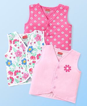 Babyhug 100% Cotton Woven Sleeveless Front Open Vest Floral Print Pack Of 3 - Pink White & Peach