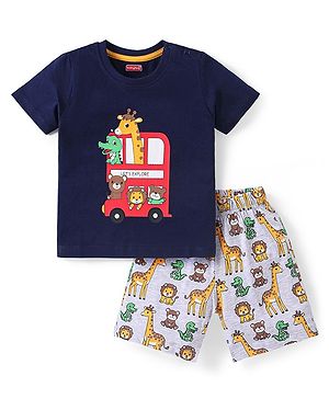 Babyhug Cotton Knit Half Sleeves Night Suit With Animals Print - Navy & Grey
