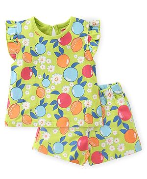 Babyhug Cotton Knit Flutter Sleeves Night Suit With Fruits Print - Multicolor