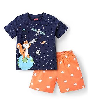 Babyhug Cotton Half Sleeves Night Suit With Space Print - Navy Blue