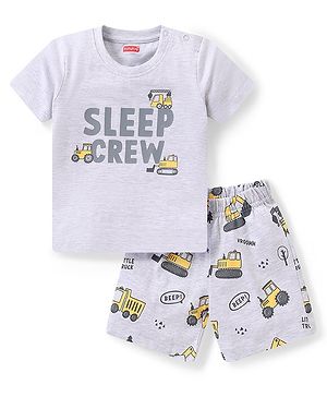 Babyhug Cotton Knit Half Sleeves Vehicles Printed Night Suit - White