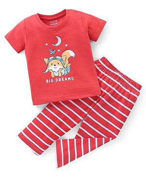 Babyhug Cotton Knit Half Sleeves Night Suit With Fox Print - Red