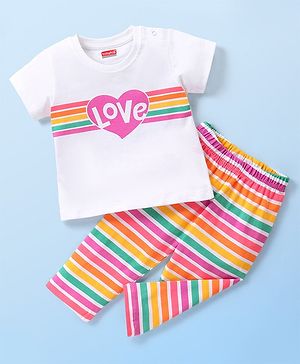 Babyhug Cotton Knit Half Sleeves Stripes & Heart Printed Night Suit - Multicolour