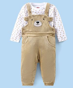 Babyhug Single Jersey Knit Dungaree With Full Sleeves T-Shirt Paw Print & Applique - White & Beige