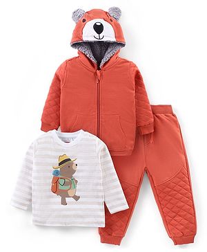 Babyhug Terry Knit Full Sleeves Front Zipper Bear Applique Hoodie With  Bear Printed T-Shirt & Lounge Pants Set - Red