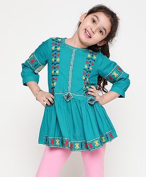 ISHTI Three Fourth Sleeves Mirror Work & Floral Embroidered Detailed Top - Blue