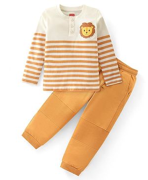 Babyhug Single Jersey Knit Full Sleeves Striped Henley T-Shirt & Lounge Pants Set With Lion Patch - Orange