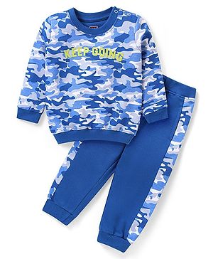 Babyhug Terry Knit Full Sleeves T- Shirt & Lounge Set with Camouflage & Text Print - Blue