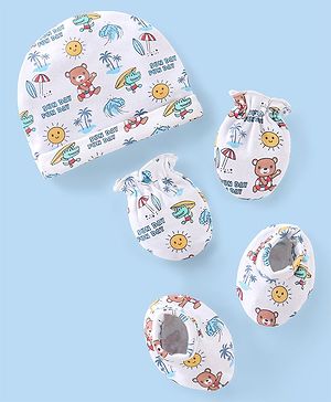 Babyhug 100% Cotton Cap Mittens & Booties with Beach Theme -White