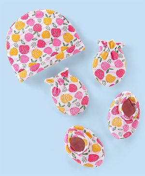 Babyhug 100% Cotton Cap Mittens & Booties with Apple Print- Multicolor