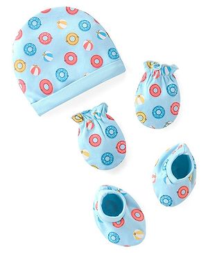 Babyhug 100% Cotton Cap Mittens & Booties with Beach Theme Print - Blue
