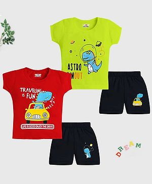 KUCHIPOO Pack Of 2 Half Sleeves Baby Dinosaur Printed Tees & Shorts - Green Black Red & Navy Blue