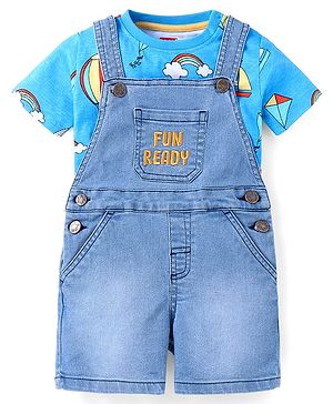 Babyhug Single Jersey Woven Dungaree and Half Sleeves T-Shirt Set with Boat Print & Embroidery - Blue