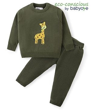 Babyoye Cotton Knitted Full Sleeves Pullover Sweater Set with Giraffe Embroidery  - Dark Green