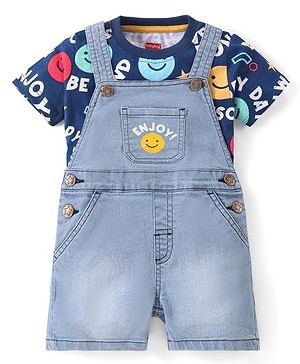 Babyhug Single Jersey Knit Dungaree with Half Sleeves T-Shirt &  Smiley Print - Navy Blue