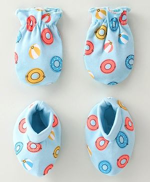 Babyhug 100% Cotton Mittens & Booties Water Rings Print - Blue