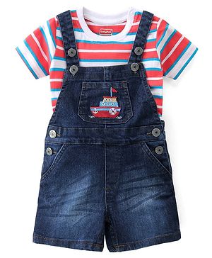 Babyhug Single Jersey Woven Dungaree with Half Sleeves Striped T-Shirt Boat Embroidery - Navy Blue