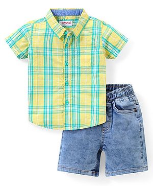 Babyhug Cotton Woven  Half Sleeves Checks Shirt & Denim Shorts Set - Multicolour