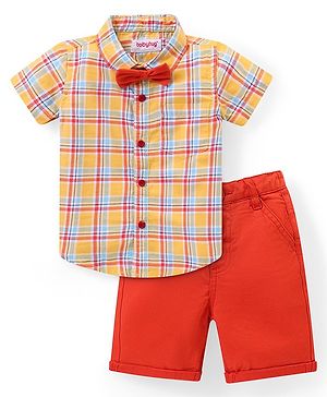 Babyhug Cotton Woven Half Sleeves Checks Shirt & Shorts Set with Bow - Multicolour
