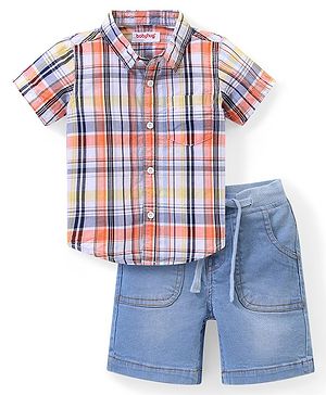 Babyhug Cotton Woven Half Sleeves Checkered Shirt & Denim Shorts Set - Multicolor