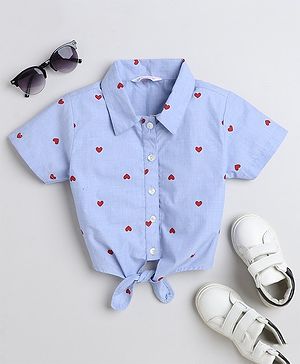 Taffykids 100% Cotton Half Sleeves Hearts Printed Crop Shirt - Blue & Red