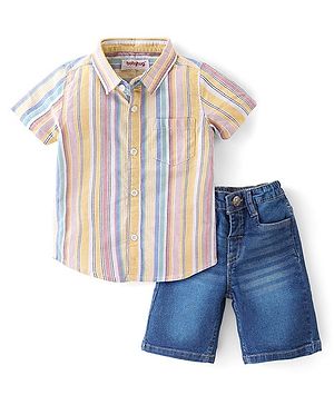 Babyhug Cotton Woven Half Sleeves Striped Shirt & Denim Shorts Set - Multicolor