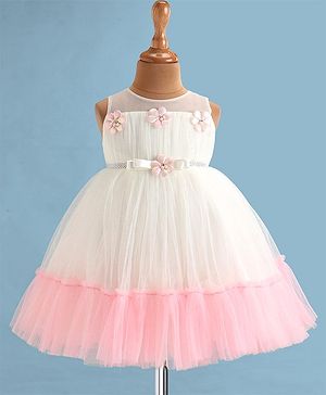 Babyhug Woven Sleeveless Fit & Flared Tiered Party Frock with Floral Detailing - Pink & White