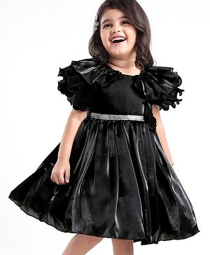 Babyhug Fill Sleeves   Fit &  Flare Party Frock with Floral Applique - Black