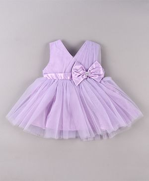 Babyhug Woven Sleeveless Fit and Flare Mesh Party Frock With Bow Applique - Purple