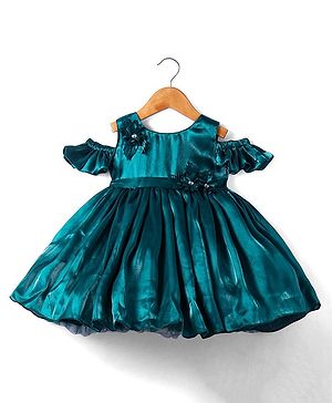 Babyhug Woven Sleeveless Party Balloon Dress With Frilled Sleeves & Floral Applique - Bottle Green