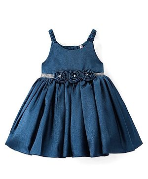 Babyhug Woven Singlet Sleeves Fit & Flared Party Frock with Floral Corsage - Teal Blue
