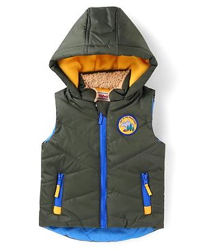 Babyhug  Woven Sleeveless Hooded Padded Winter Jacket with Patch & Pockets - Dark Green