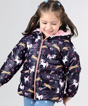 Babyhug Woven Full Sleeves Hooded Jacket with Unicorn Print - Blue