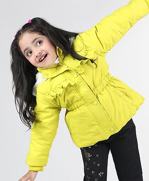 Babyhug Full Sleeves Padded Hoodie with Frill Detailing & Kangaroo Pockets - Lime