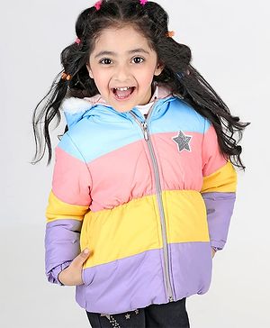 Babyhug Full Sleeves Padded Hooded Jacket with Colour Block & Star Patch Work Detailing - Multicolour