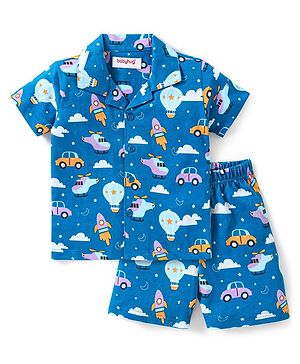 Babyhug Cotton Knit Half Sleeves Night Suit With Cars Print - Blue