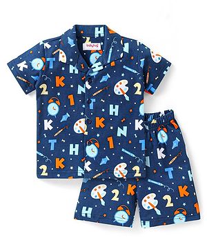 Babyhug Cotton Knit Half Sleeves Night Suit With Alphabets Print - Navy