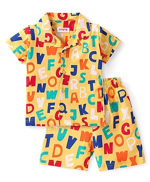 Babyhug Cotton Knit Half Sleeves Short Night Suit With Alphabets Print - Yellow