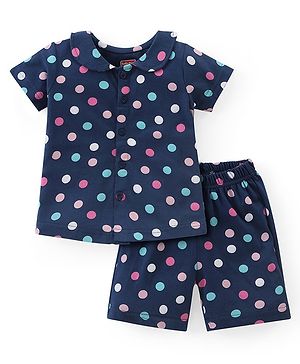 Babyhug Cotton Half Sleeves Night Suit With Polka Dots - Blue