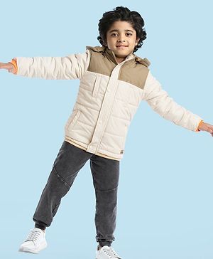 Babyhug Woven Full Sleeves Solid Color Padded Jacket With Removable Hoodie - Cream