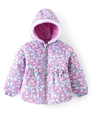 Babyhug Woven Full Sleeves Front Open Padded Hooded Jacket with Butterflies Print & Bow Applique - Purple