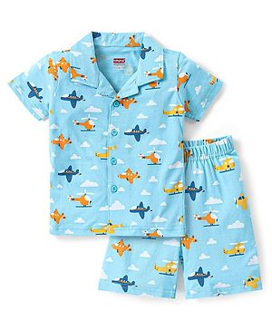 Babyhug Cotton Half Sleeves Night Suit With Airplanes Print - Blue