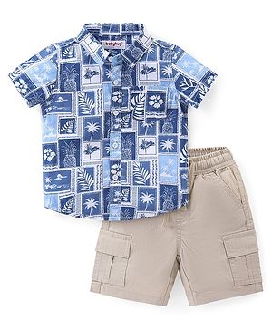 Babyhug Cotton Woven Half Sleeves Shirt & Shorts Set With Tropical Print - Blue