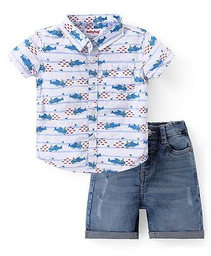 Babyhug Cotton Woven Half Sleeves Shirt & Denim Shorts Set With Sharks Print - Multicolor