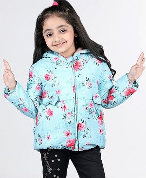 Babyhug Full Sleeves Hooded Jacket with Floral Design - Aqua Blue